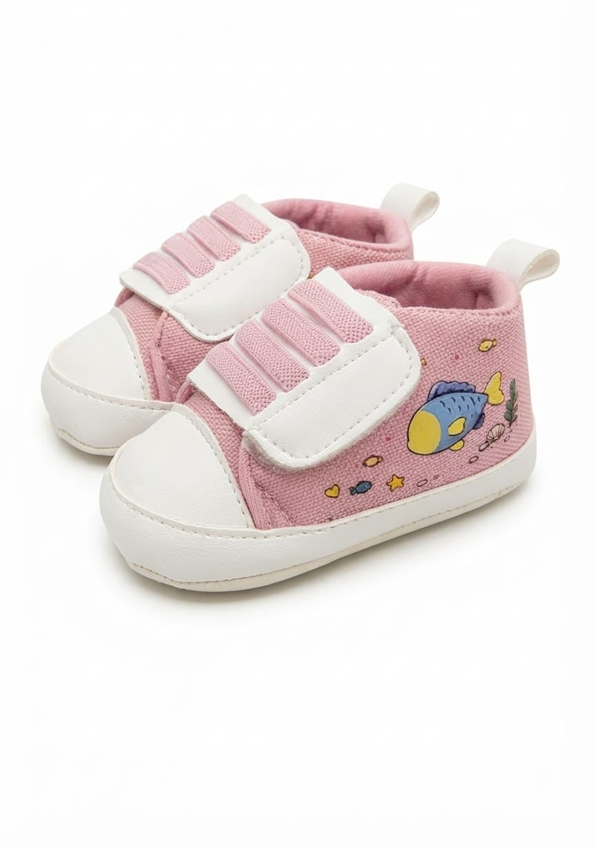 Light Pink Fish Print Velcro Baby Shoes soft sole prewalker for baby girls – Belinda Store
