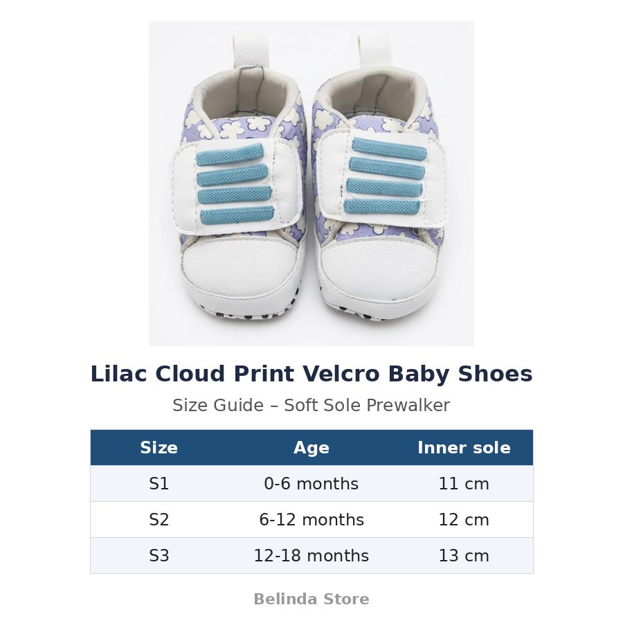 Lilac Cloud Print Velcro Baby Shoes size guide – soft sole baby shoes – Belinda Store