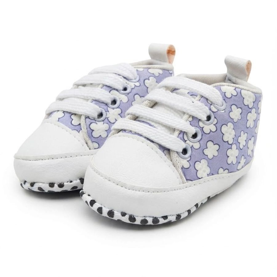 Lilac Flower Print Lace-Up Baby Shoes close-up view – soft sole baby shoes – Belinda Store
