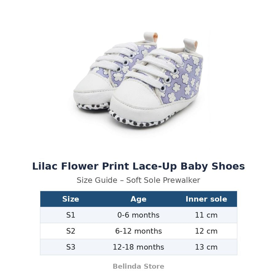 Lilac Flower Print Lace-Up Baby Shoes size guide – soft sole baby shoes – Belinda Store
