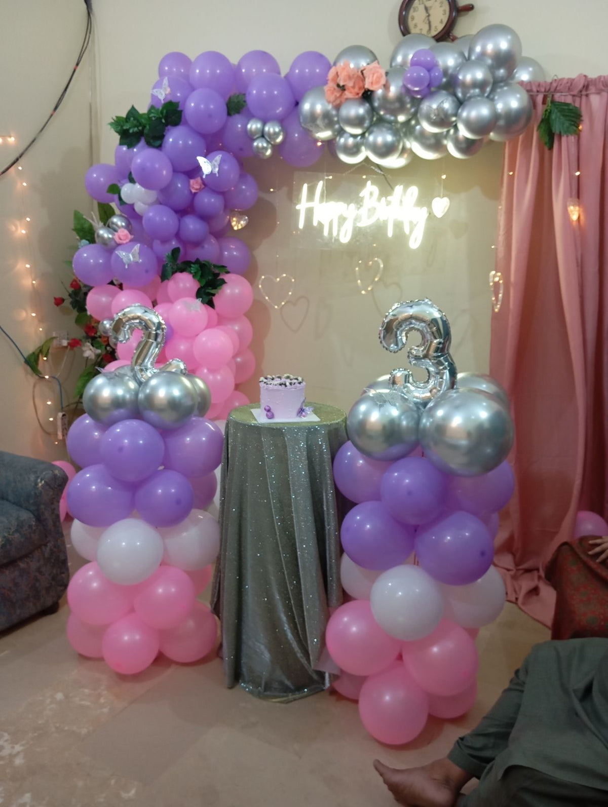 Lilac pink and silver balloon garland backdrop with neon sign for bridal shower in Karachi – image 1