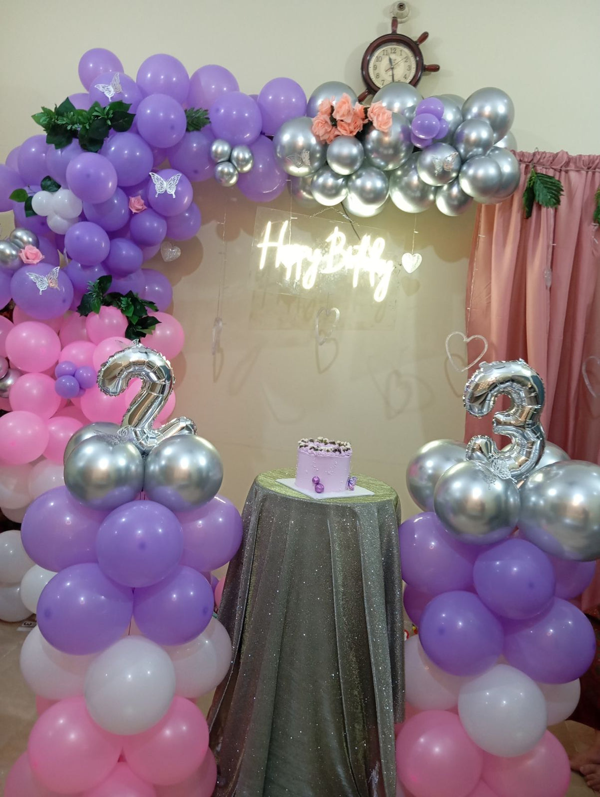 Lilac pink and silver balloon garland backdrop with neon sign for bridal shower in Karachi – image 2