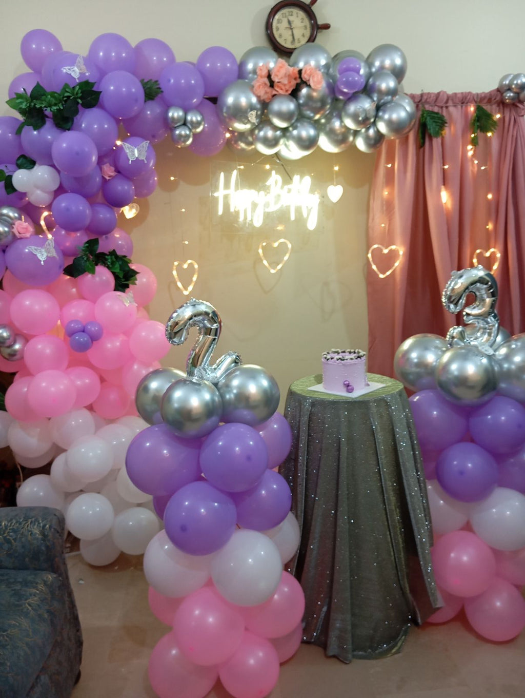 Lilac pink and silver balloon garland backdrop with neon sign for bridal shower in Karachi – image 3