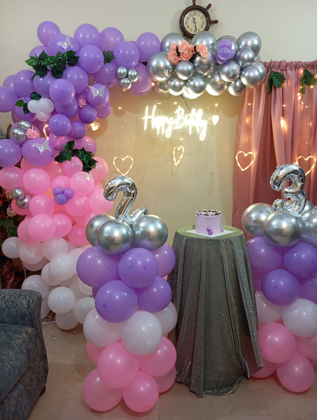 Lilac pink and silver balloon garland backdrop with neon sign for bridal shower in Karachi – image 4