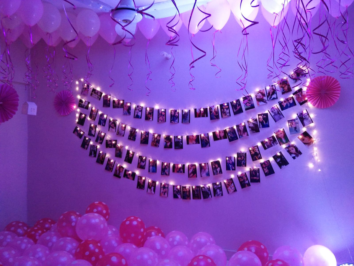 Love Theme Birthday Surprise – Pink Balloon Floor, Fairy Light Love Board & Photo String