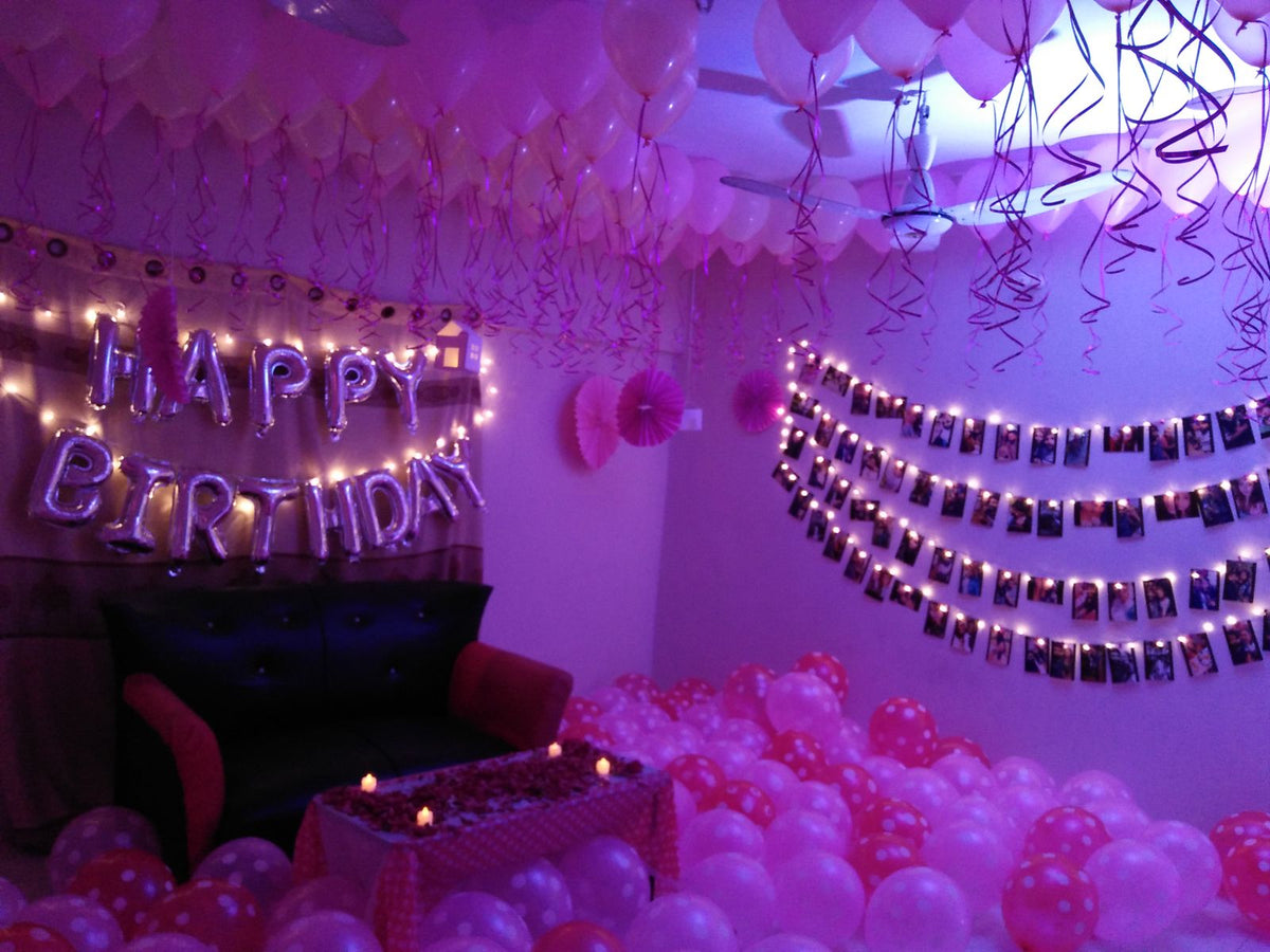 Love Theme Birthday Surprise – Pink Balloon Floor, Fairy Light Love Board & Photo String