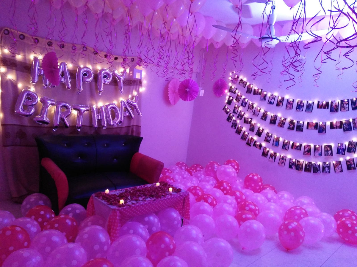 Love Theme Birthday Surprise – Pink Balloon Floor, Fairy Light Love Board & Photo String
