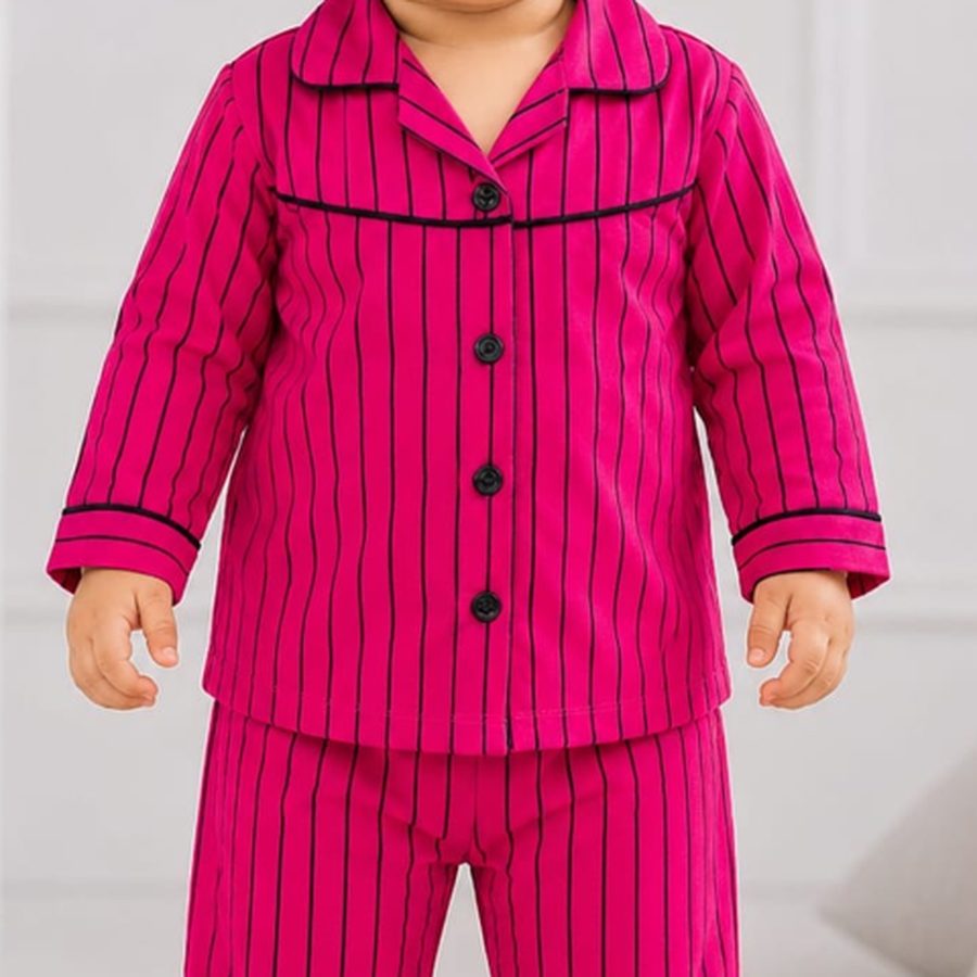 Magenta Pink Pinstripe Baby Night Suit fabric and print close-up – Belinda Store