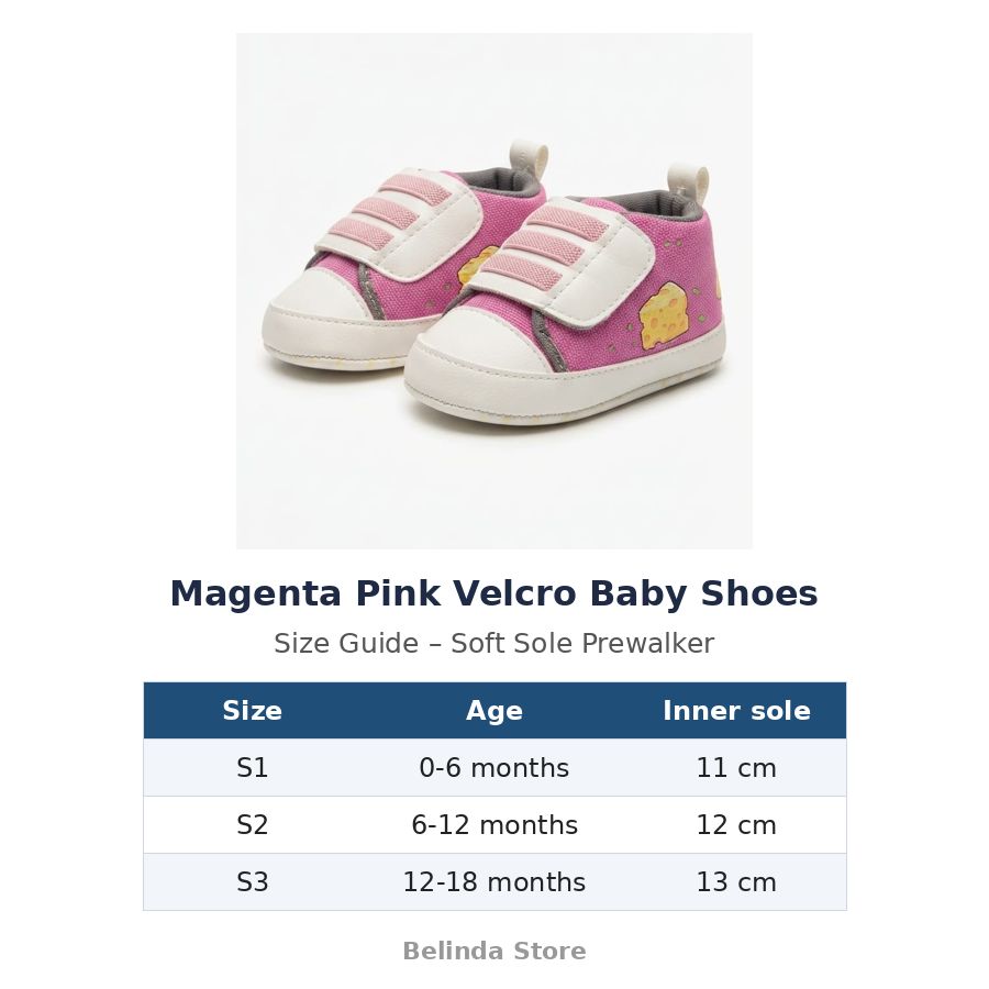 Magenta Pink Velcro Baby Shoes size guide – soft sole baby shoes – Belinda Store