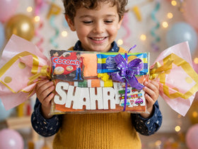 Personalized name gift hamper for kids - custom name letter blocks with snacks and toys