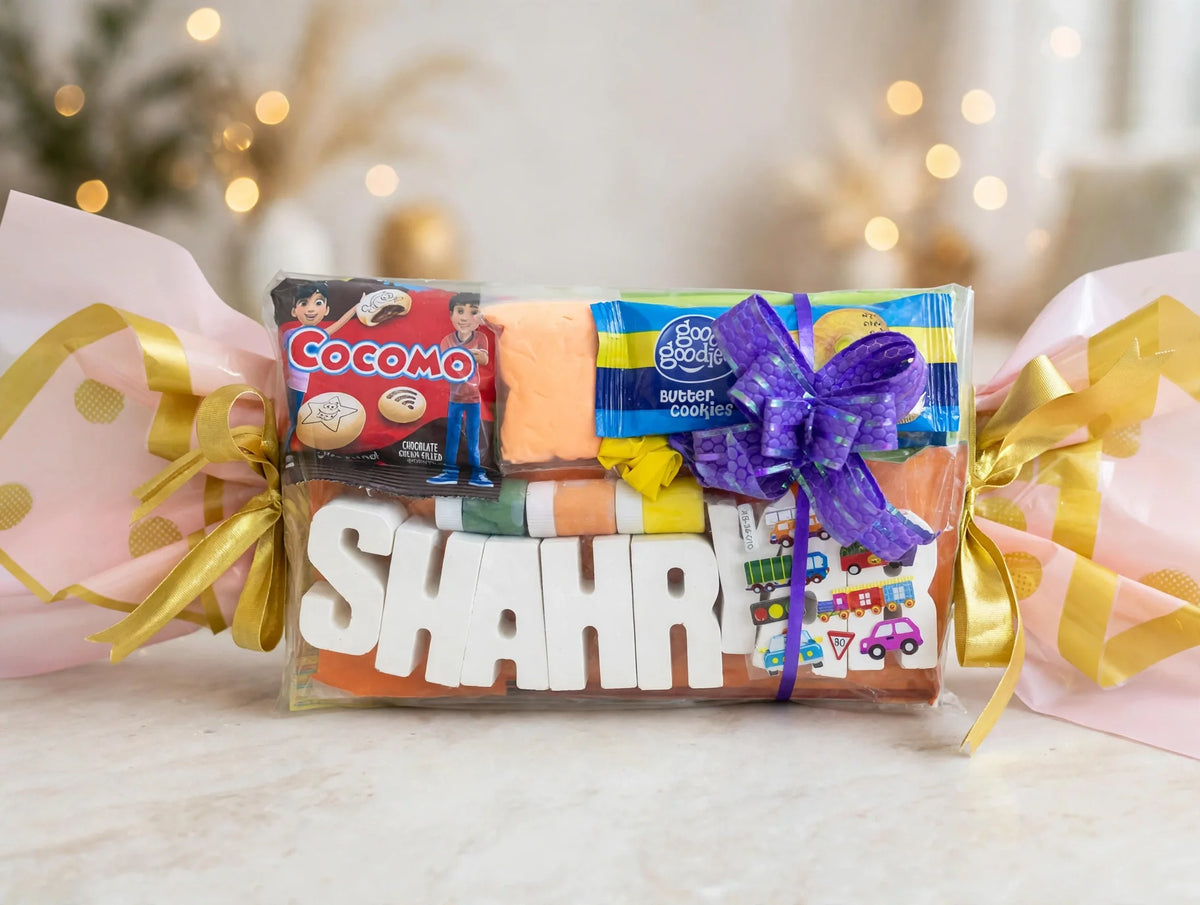 Personalized name gift hamper for kids - custom name letter blocks with snacks and toys
