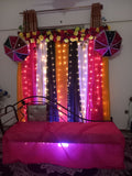 Mehndi decoration package 1 Karachi colourful curtain backdrop with fairy lights and umbrellas – image 1