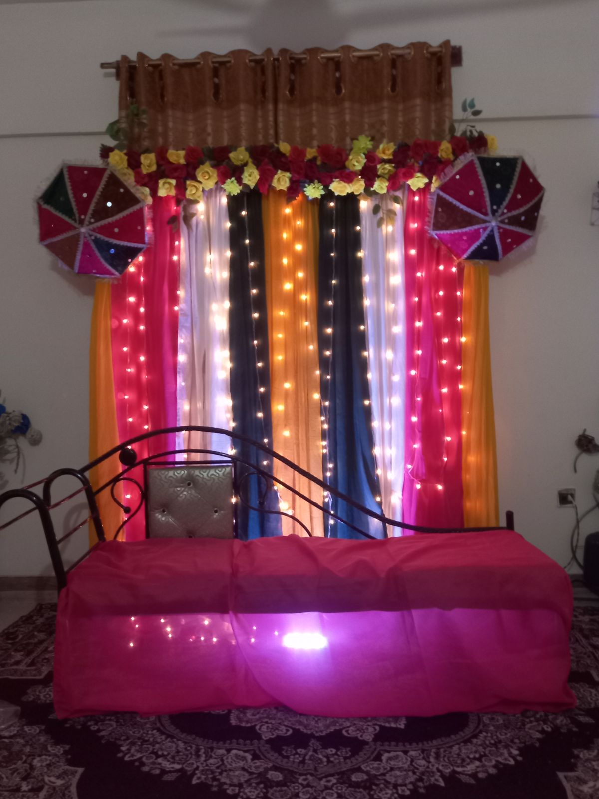 Mehndi decoration package 1 Karachi colourful curtain backdrop with fairy lights and umbrellas – image 2