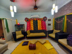 Dholki decoration at home Karachi with pink yellow green fairy light curtain backdrop – image 4
