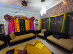 Dholki decoration at home Karachi with pink yellow green fairy light curtain backdrop – image 5