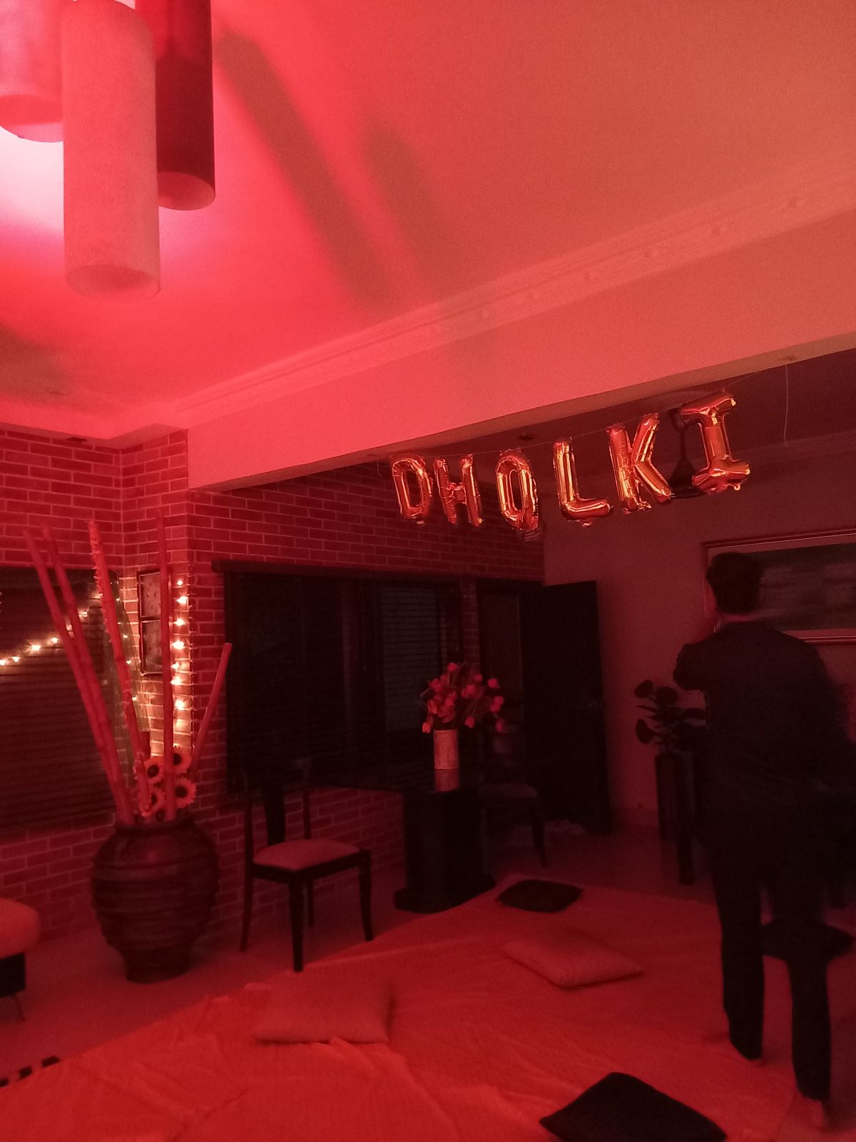 Dholki decoration at home Karachi with pink yellow green fairy light curtain backdrop – image 6