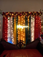 Mayun decoration Karachi with neon sign fairy light walls and colourful curtain backdrop – image 1