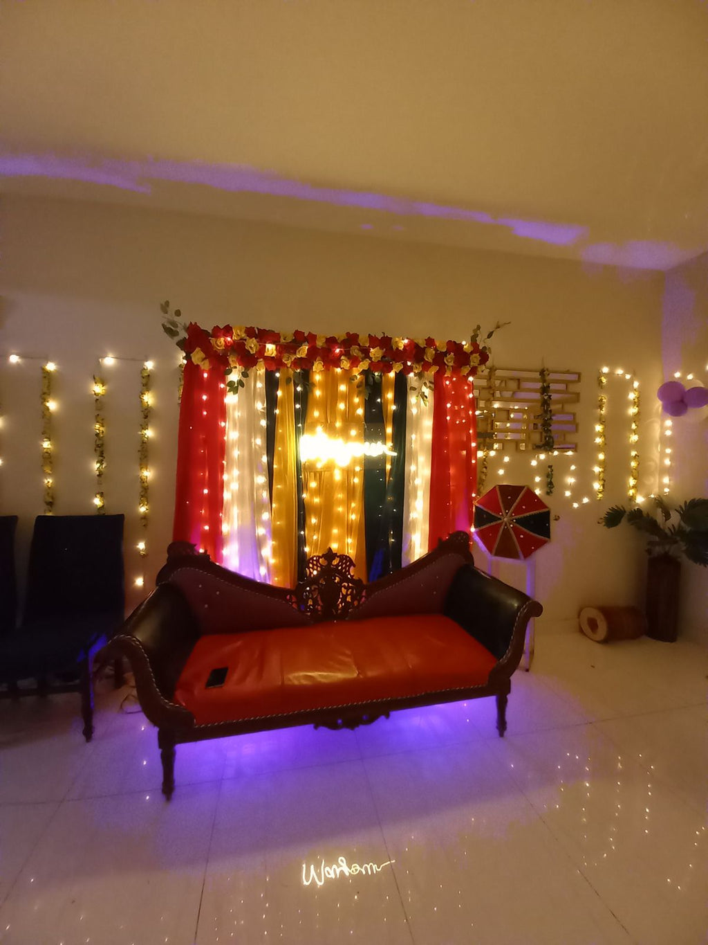 Mayun decoration Karachi with neon sign fairy light walls and colourful curtain backdrop – image 2