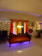 Mayun decoration Karachi with neon sign fairy light walls and colourful curtain backdrop – image 2