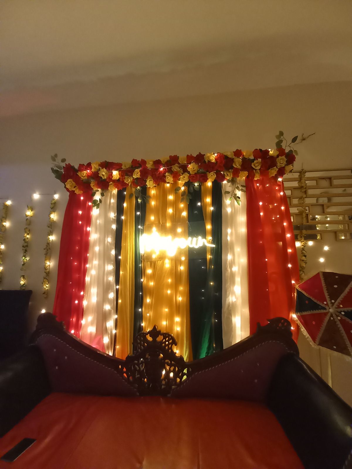 Mayun decoration Karachi with neon sign fairy light walls and colourful curtain backdrop – image 4