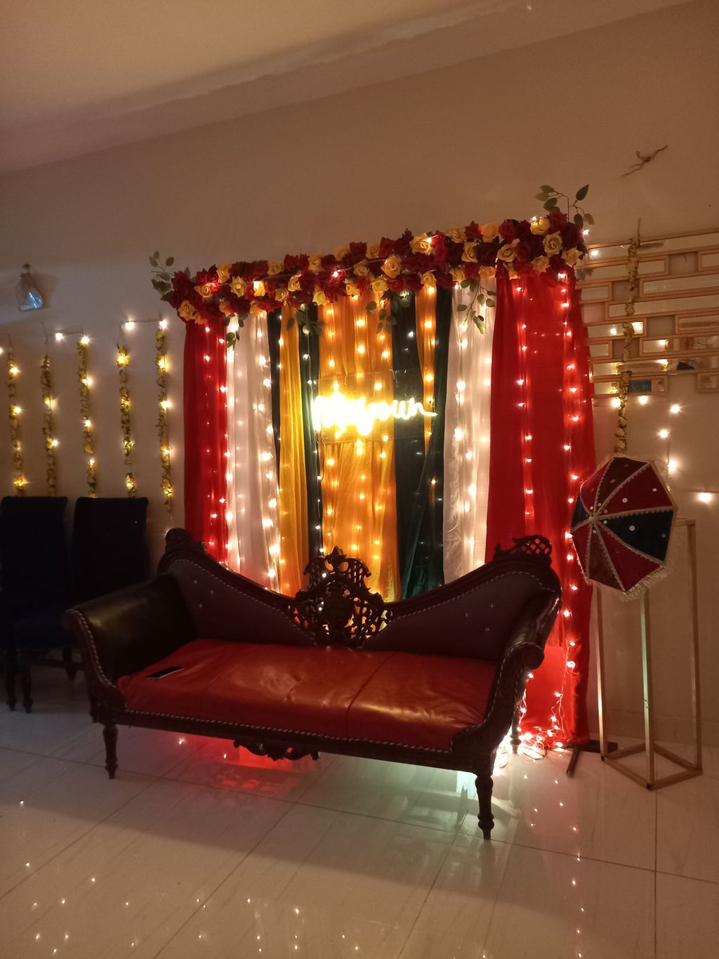 Mayun decoration Karachi with neon sign fairy light walls and colourful curtain backdrop – image 5