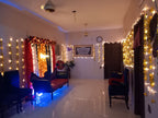 Mayun decoration Karachi with neon sign fairy light walls and colourful curtain backdrop – image 7