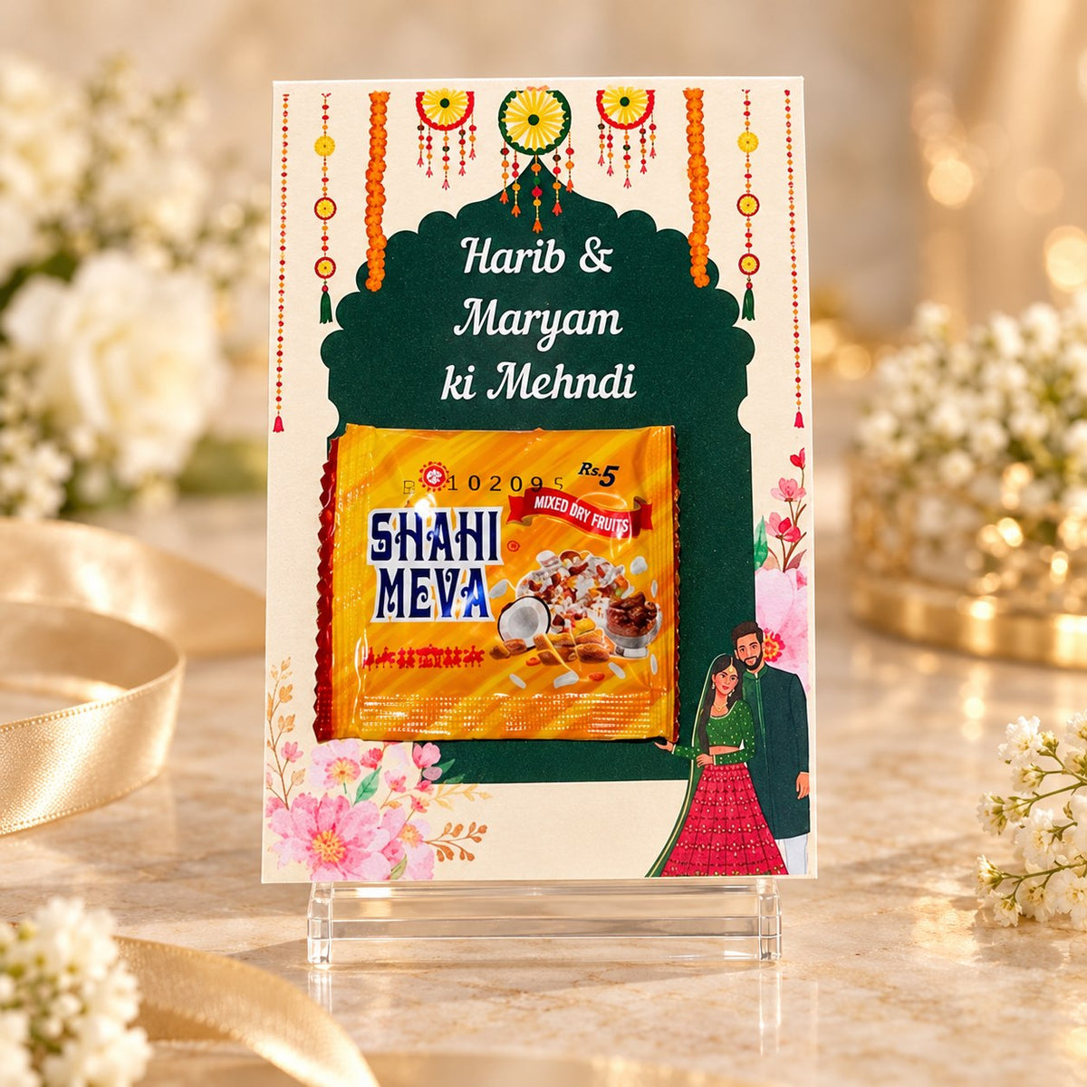 Mehndi return favour card with Shahi Meva pack and couple names
