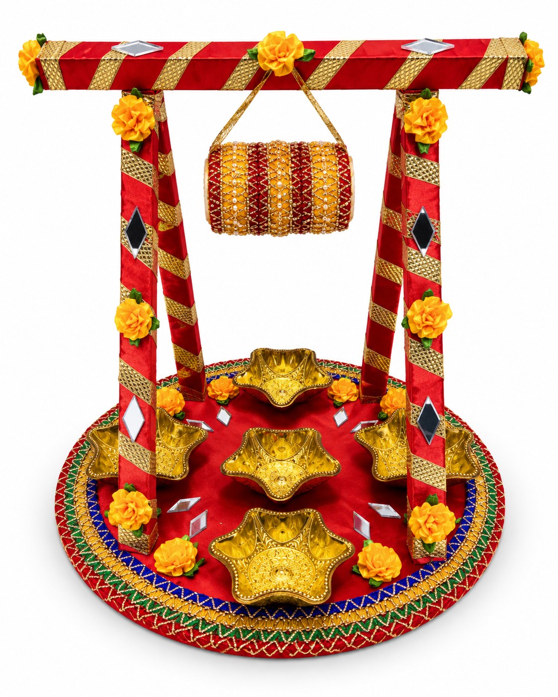 Decorated mehndi thaal jhoola red