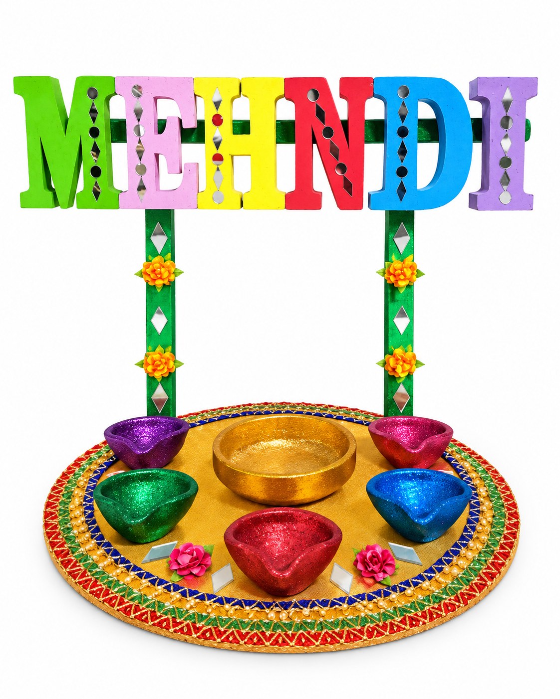 MEHNDI letters thaal bright colours