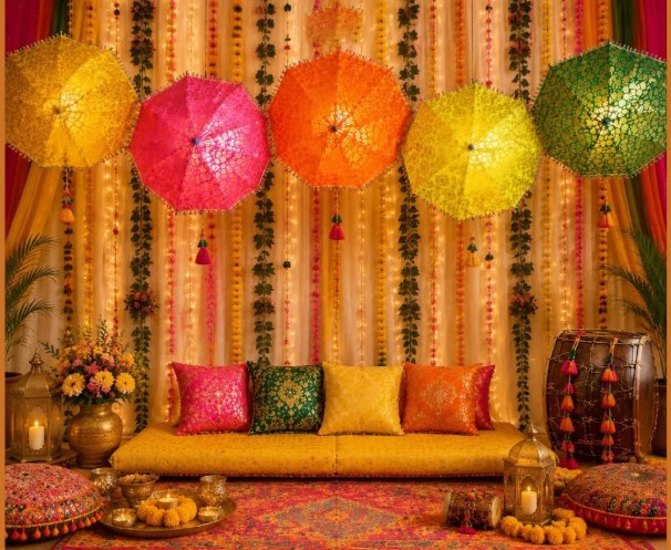 Mehndi stage decor with hanging umbrellas