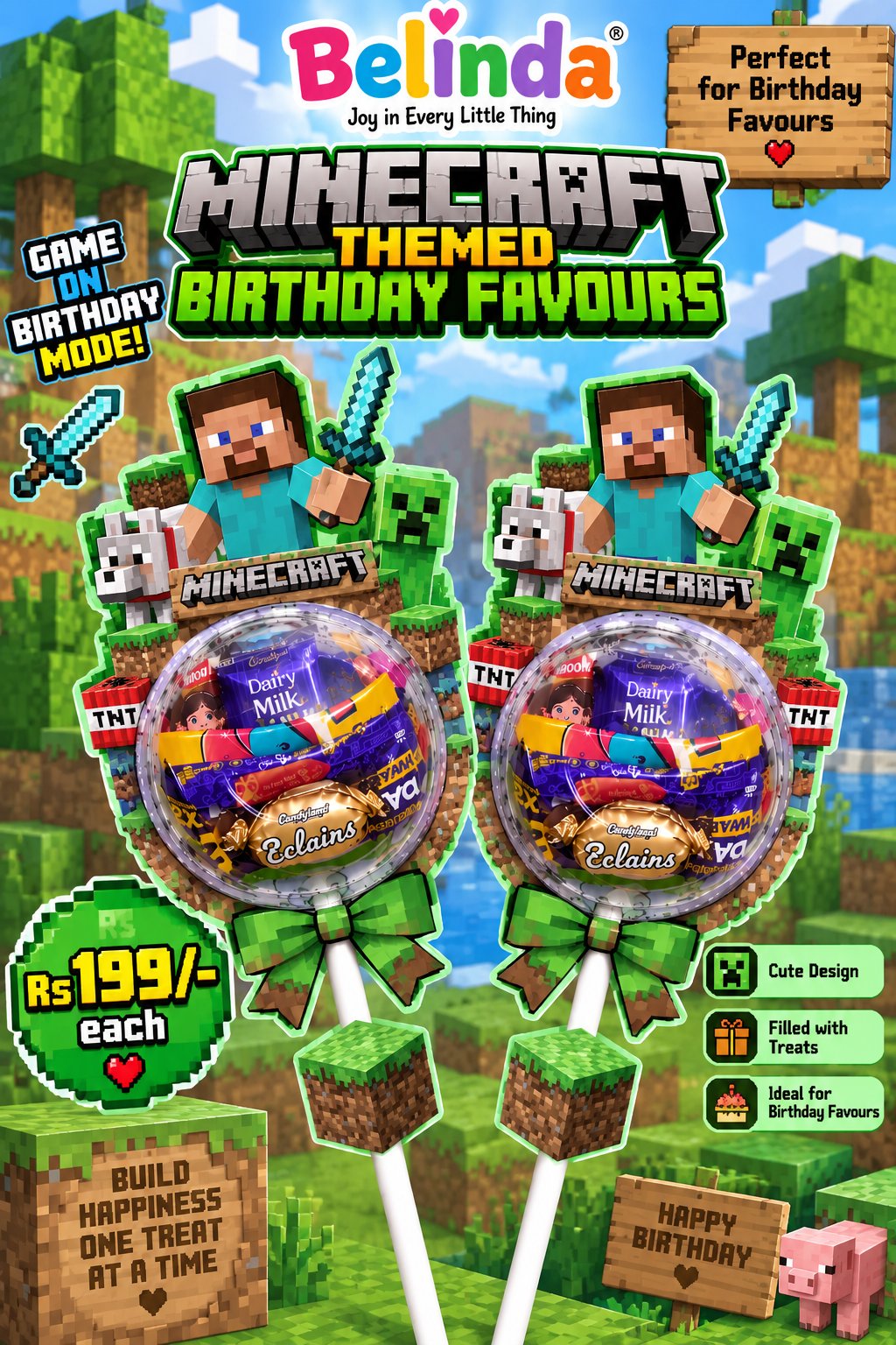 Minecraft theme chocolate lollipop birthday favour