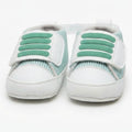Mint Green Striped Velcro Baby Shoes close-up view – soft sole baby shoes – Belinda Store
