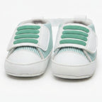 Mint Green Striped Velcro Baby Shoes close-up view – soft sole baby shoes – Belinda Store