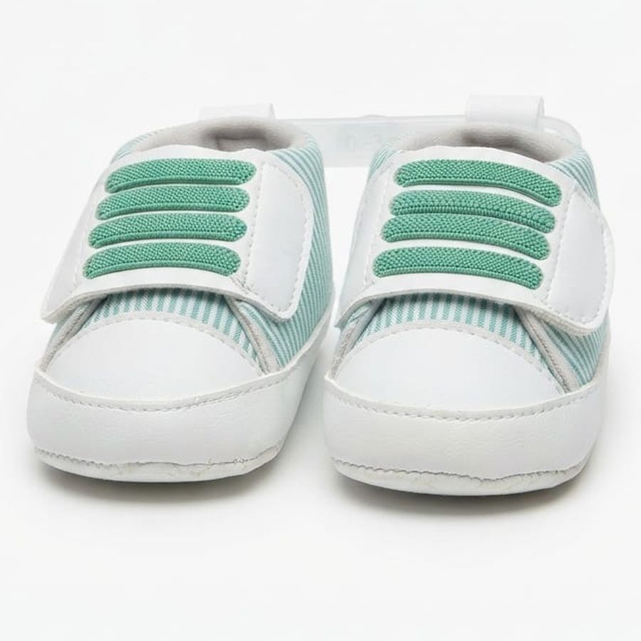 Mint Green Striped Velcro Baby Shoes close-up view – soft sole baby shoes – Belinda Store
