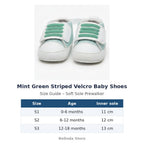Mint Green Striped Velcro Baby Shoes size guide – soft sole baby shoes – Belinda Store