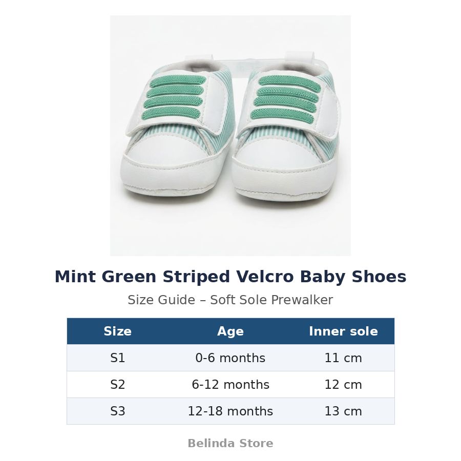 Mint Green Striped Velcro Baby Shoes size guide – soft sole baby shoes – Belinda Store
