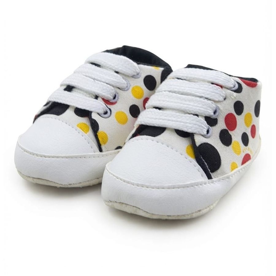 Multicolour Polka Dot Lace-Up Baby Sneakers close-up view – soft sole baby shoes – Belinda Store