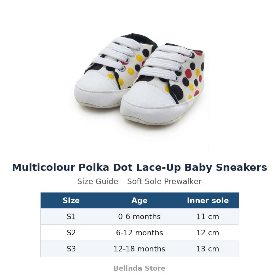 Multicolour Polka Dot Lace-Up Baby Sneakers size guide – soft sole baby shoes – Belinda Store