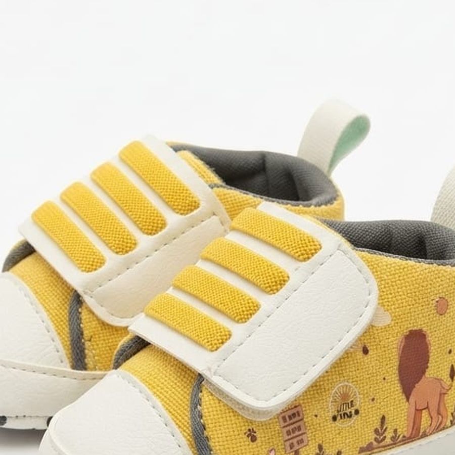 Mustard Jungle Print Velcro Baby Shoes design detail – soft sole baby shoes – Belinda Store