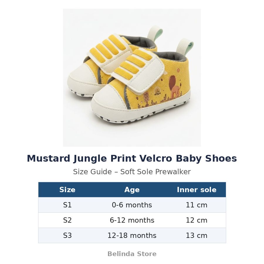 Mustard Jungle Print Velcro Baby Shoes size guide – soft sole baby shoes – Belinda Store