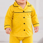 Mustard Yellow Baby Night Suit fabric and print close-up – Belinda Store