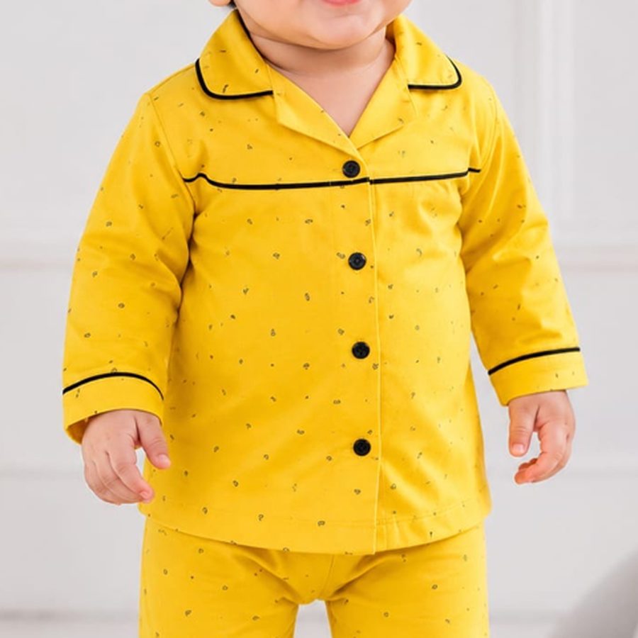 Mustard Yellow Baby Night Suit fabric and print close-up – Belinda Store