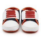 Navy & Orange Velcro Baby Sneakers close-up view – soft sole baby shoes – Belinda Store