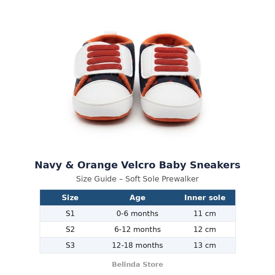 Navy & Orange Velcro Baby Sneakers size guide – soft sole baby shoes – Belinda Store