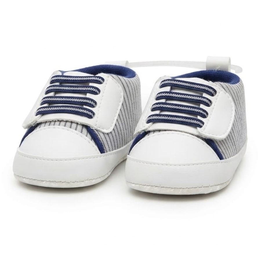 Navy Striped Lace-Up Baby Sneakers close-up view – soft sole baby shoes – Belinda Store