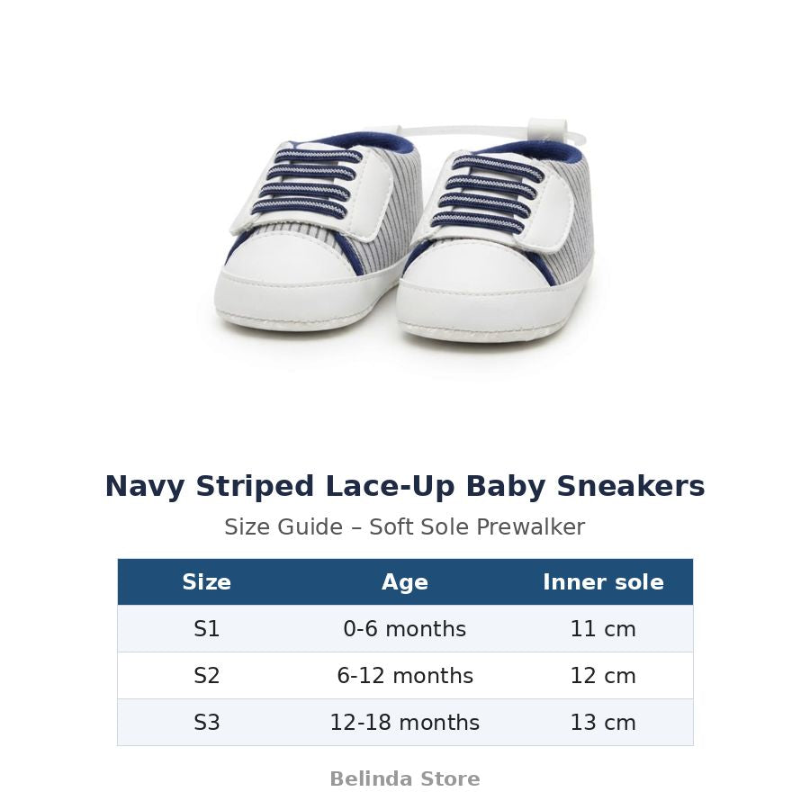 Navy Striped Lace-Up Baby Sneakers size guide – soft sole baby shoes – Belinda Store