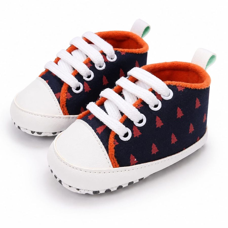 Navy Tree Print Lace-Up Baby Sneakers close-up view – soft sole baby shoes – Belinda Store