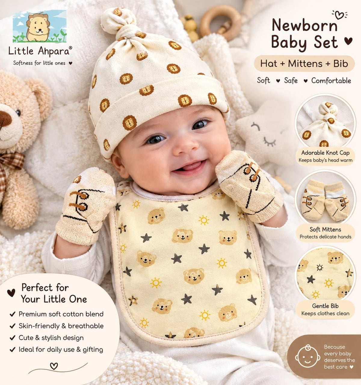 baby wearing newborn knot cap and bib set beige