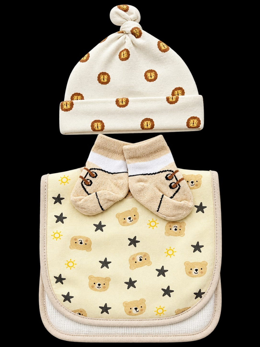 newborn baby set knot cap socks bib beige lion bear print
