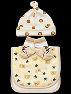 newborn baby set knot cap socks bib beige lion bear print